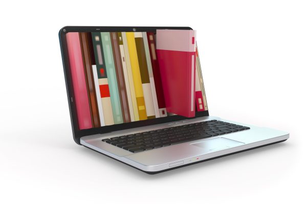 Digital library. Digital library e-books in laptop computer.